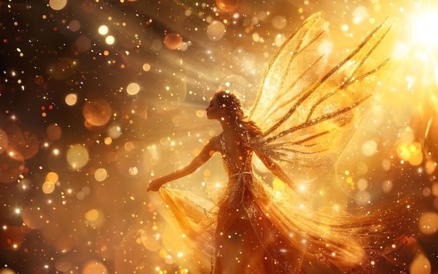 Un hada dorada envuelta en luz y destellos — El banquete del alma