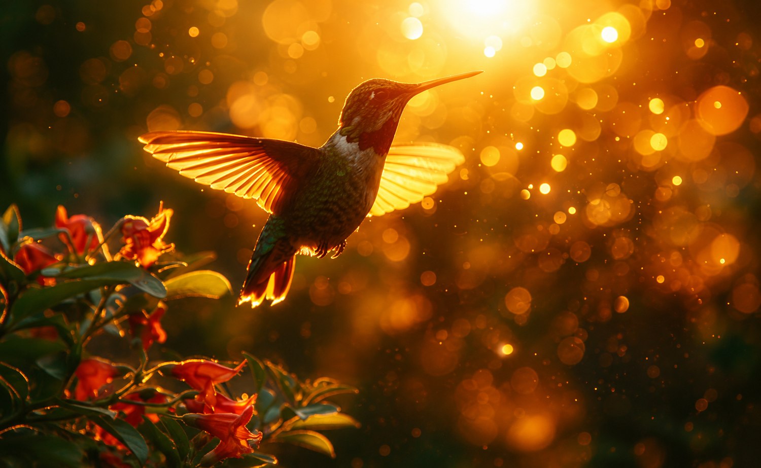 Un colibrí en pleno vuelo junto a flores, iluminado por la luz dorada del atardecer