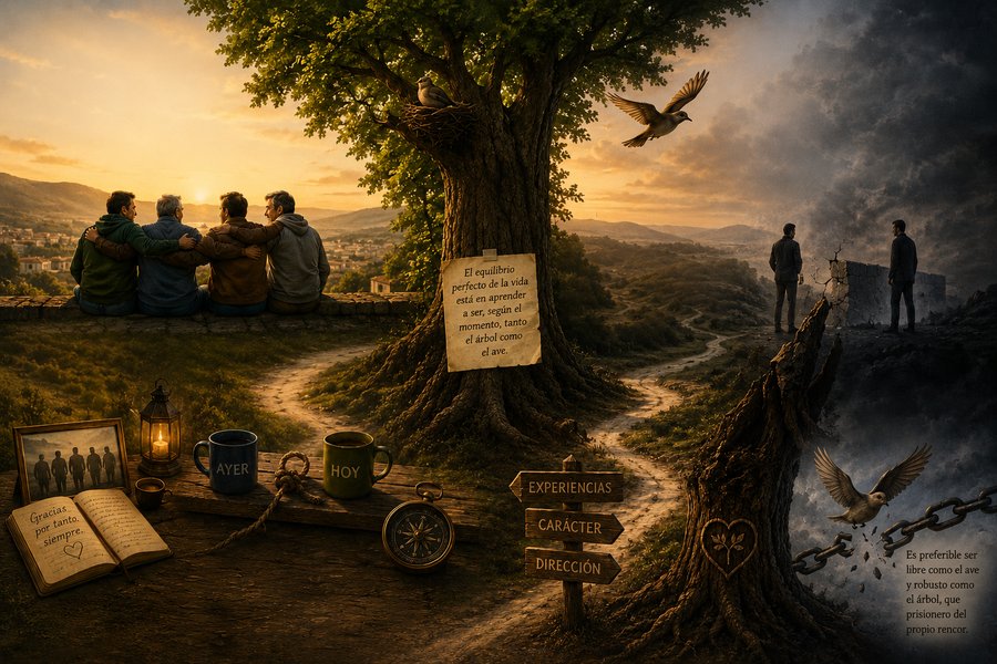 De los amigos y los no amigos — ilustración con la dedicatoria del equilibrio entre el árbol y el ave