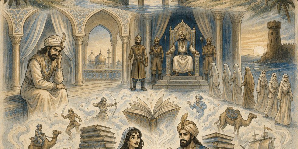 El sultán Schahriar en su trono, ante el cortejo de doncellas — El origen de Las Mil y Una Noches