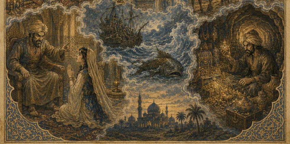 El barco surca el mar junto al gran pez — Historia del Pescador y el Efrit