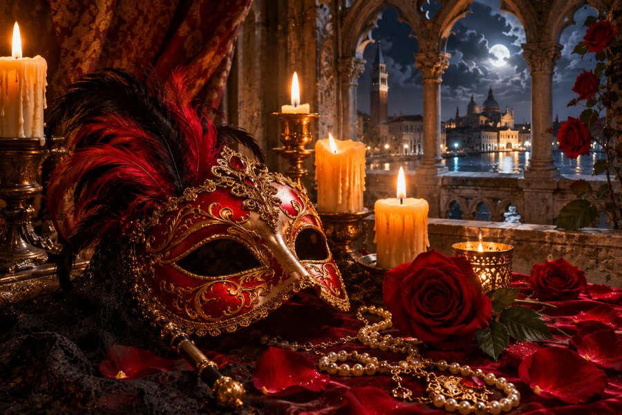 Máscara veneciana roja y dorada junto a velas, rosas y perlas