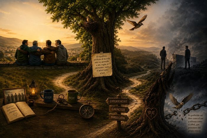 De los amigos y los no amigos — ilustración con la dedicatoria del equilibrio entre el árbol y el ave