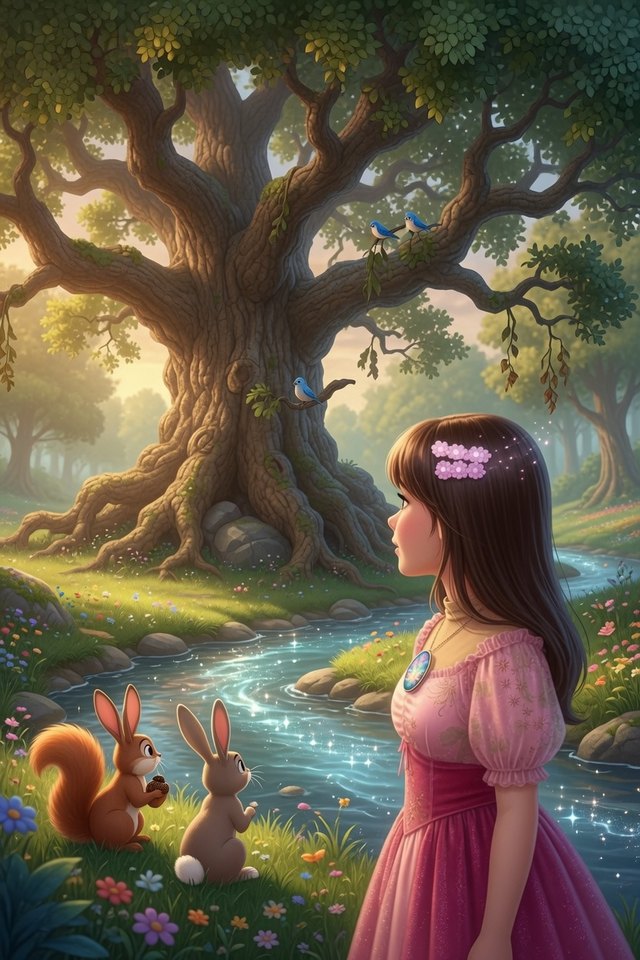 Sofía junto al Gran Roble, el árbol más antiguo del valle, y los animales del bosque