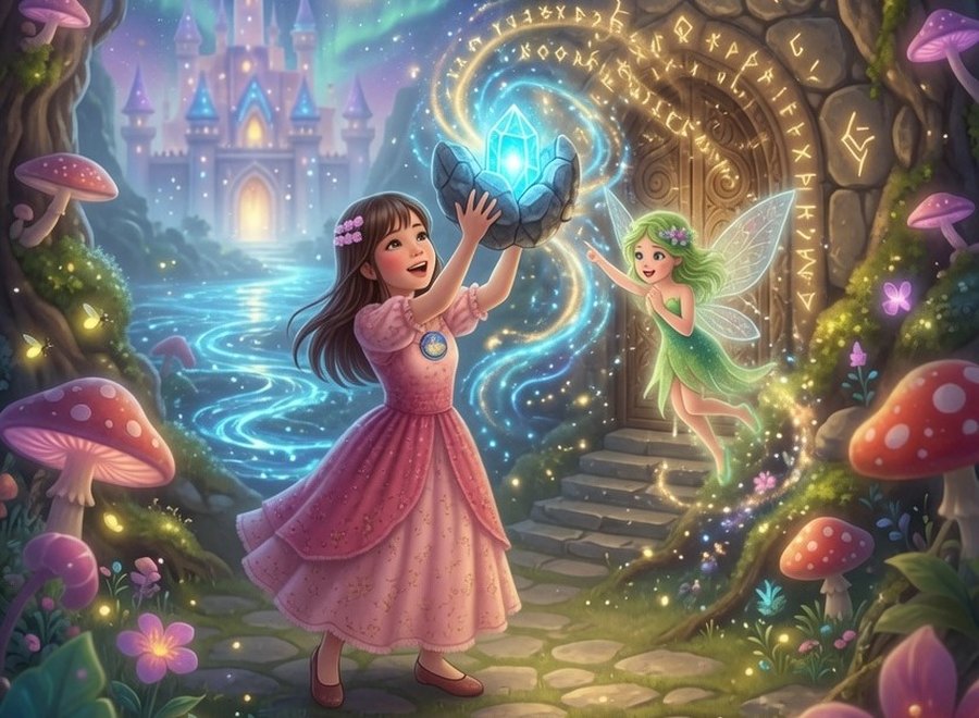Sofía, nombrada Guardiana de los Ecos Sabios, sostiene un cristal de luz junto a un hada