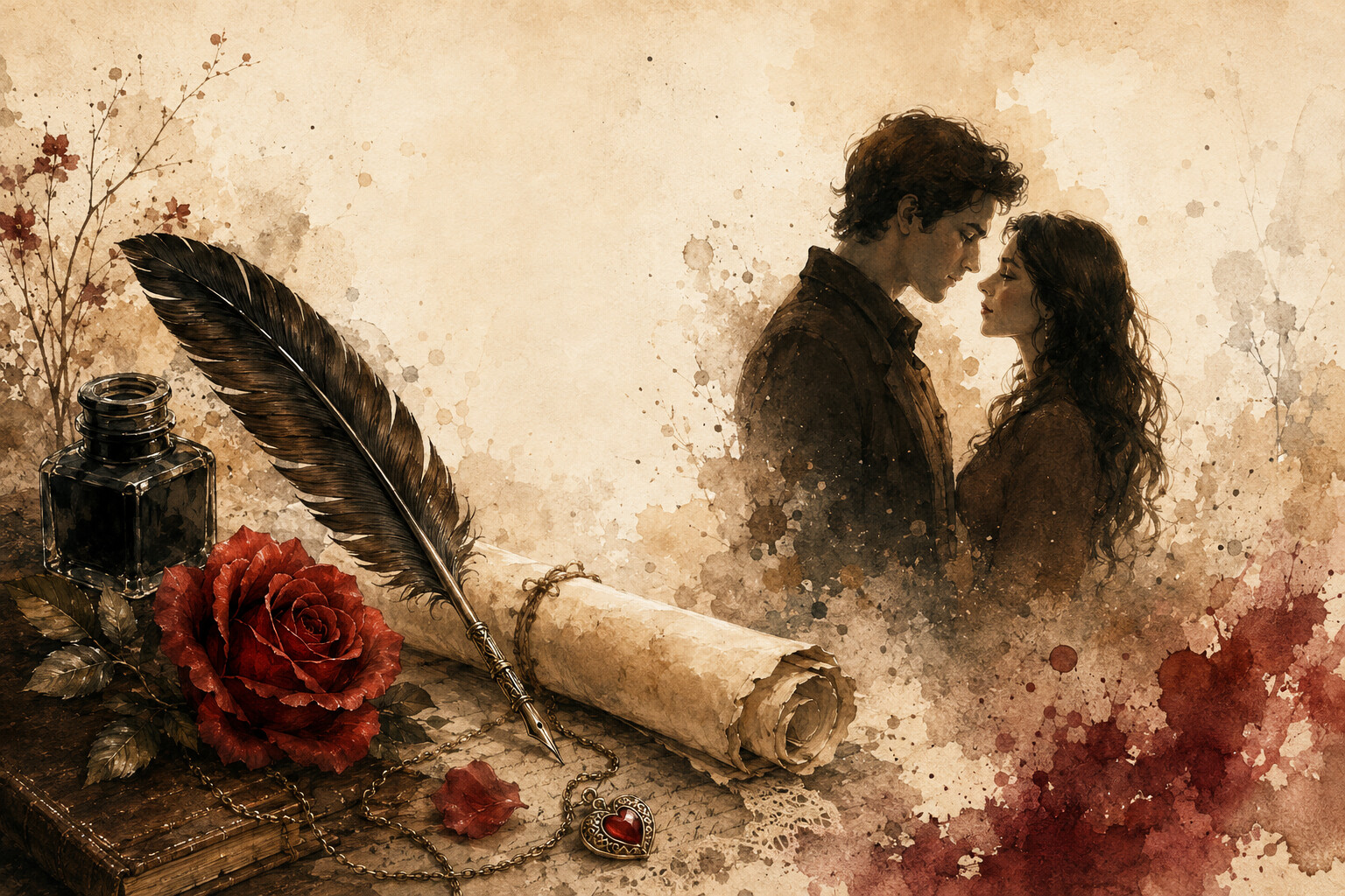 Pareja frente a frente junto a una pluma, un tintero, una rosa roja, un pergamino y un relicario en forma de corazón