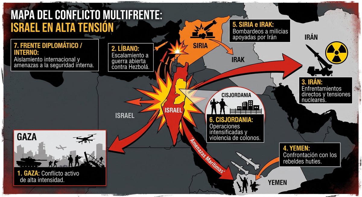 Mapa del conflicto multifrente: Israel en alta tensión — infografía de la columna de Juan José Montes Noriega