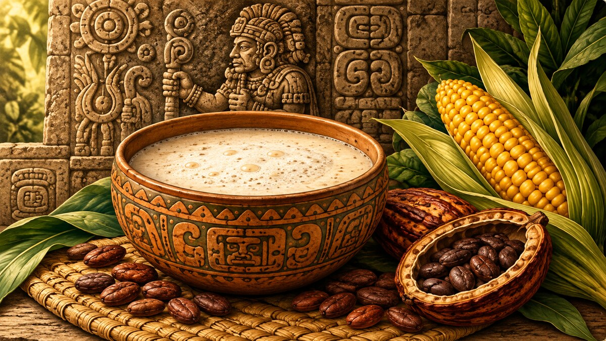 Pozol ancestral con maíz, cacao y relieve maya