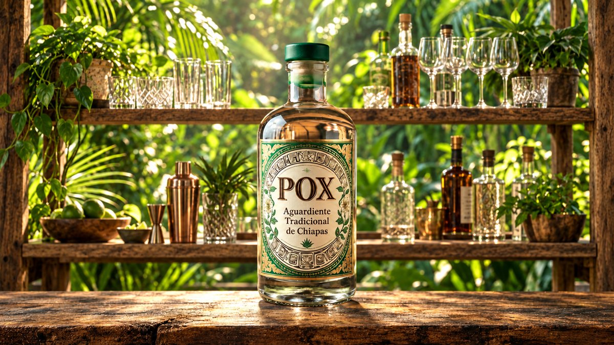 Botella de Pox en un bar rústico rodeado de vegetación