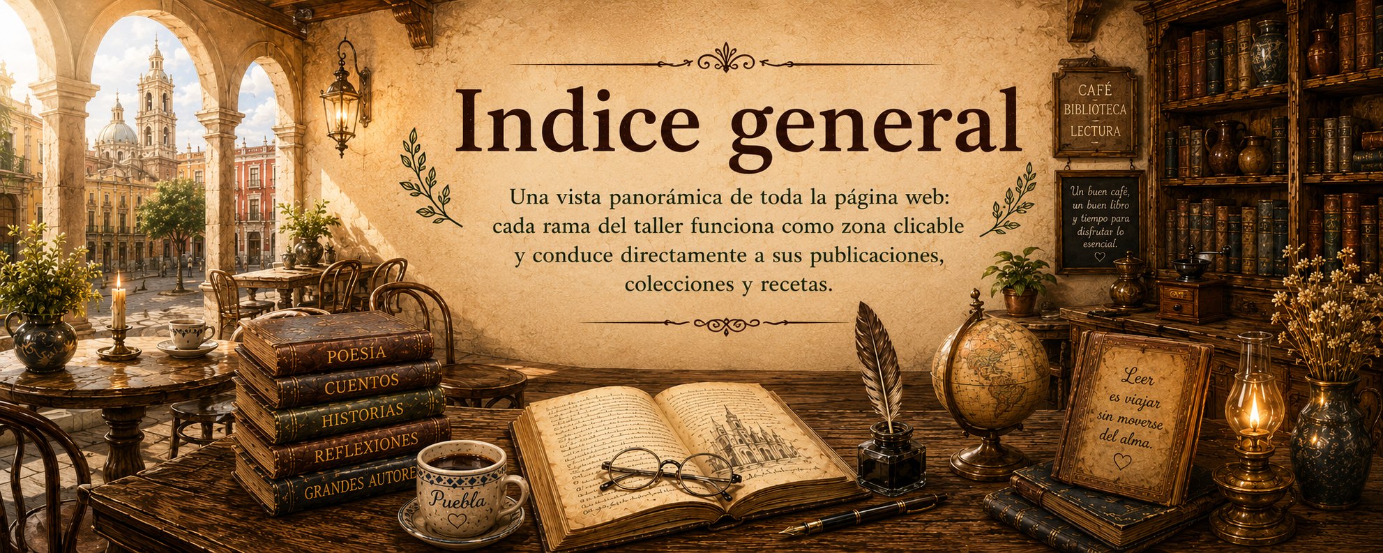 Índice General — una vista panorámica de toda la página web: cada rama del taller funciona como zona clicable y conduce directamente a sus publicaciones, colecciones y recetas.