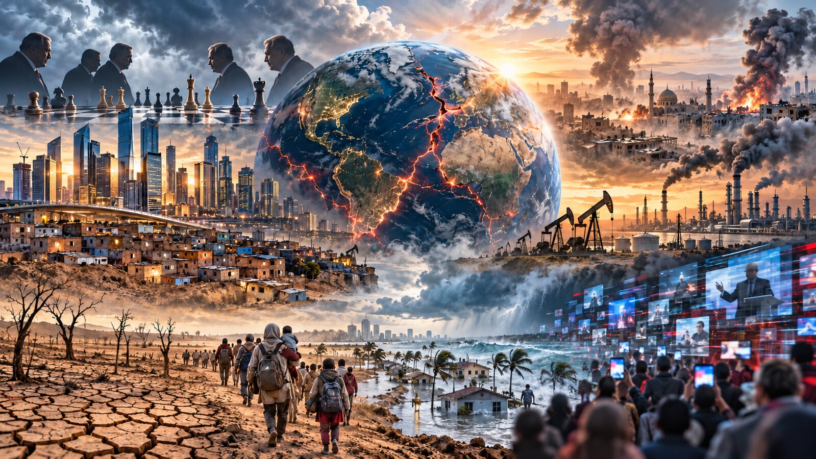 Representación de la inestabilidad mundial, los conflictos, la desigualdad, la crisis climática y la desinformación